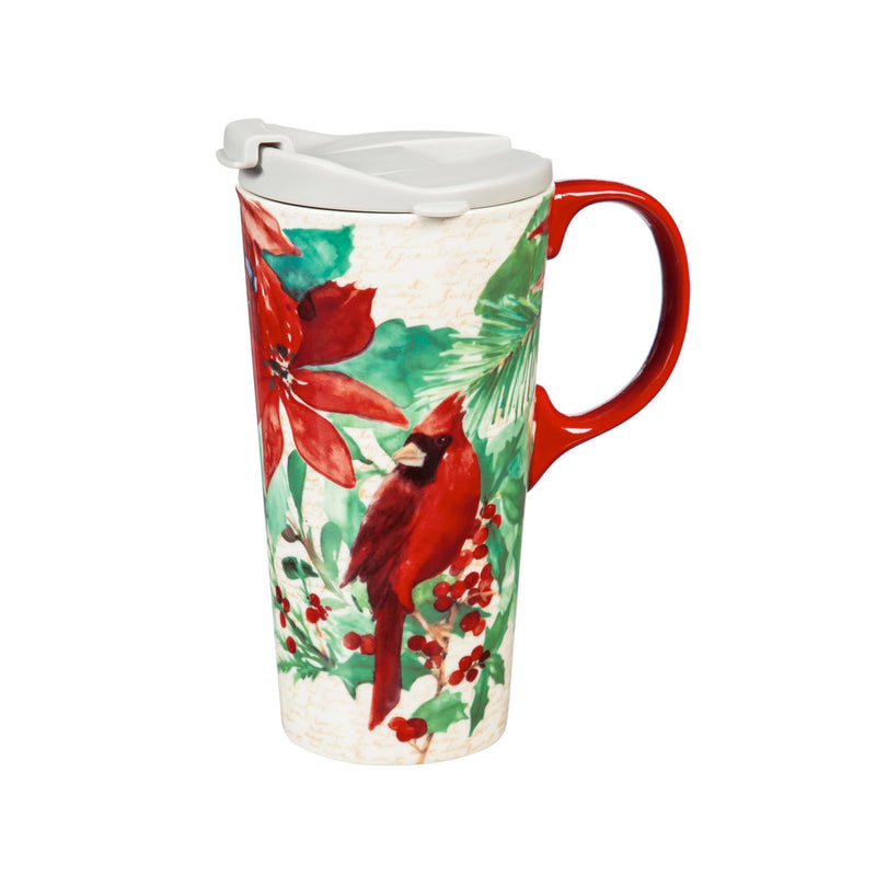 Ceramic Travel Cup, 17 OZ. ,w/box, Cardinal and Poinsettia,3ctc047760