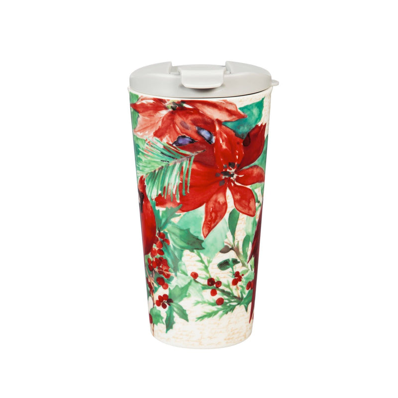 Ceramic Travel Cup, 17 OZ. ,w/box, Cardinal and Poinsettia,3ctc047760