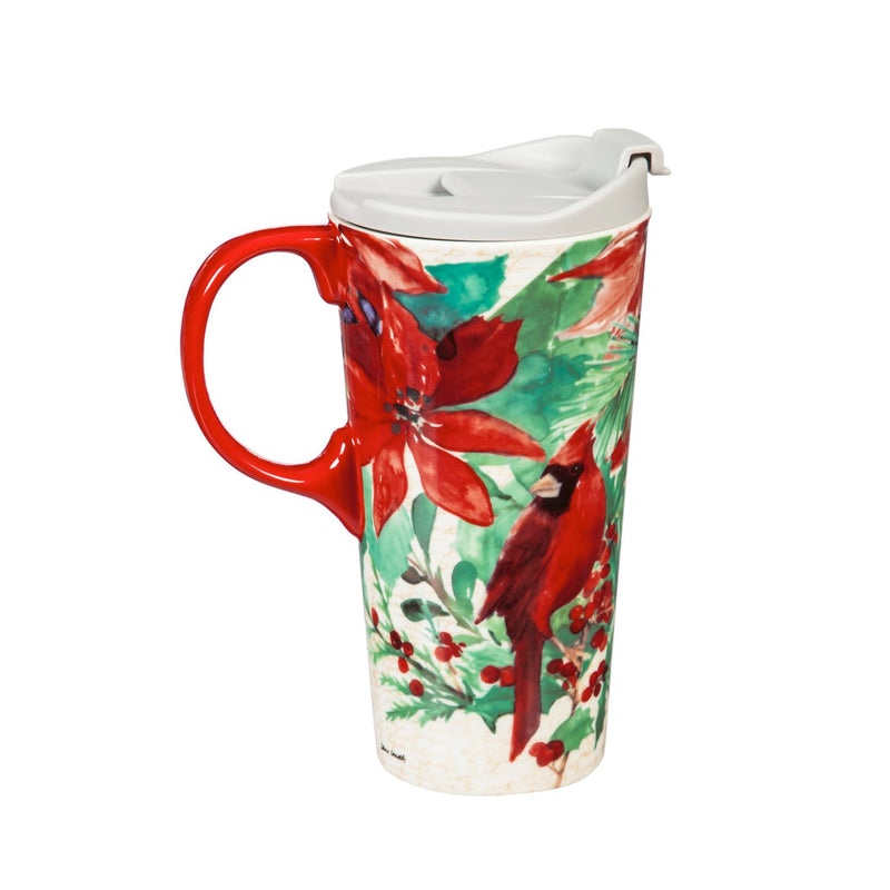 Ceramic Travel Cup, 17 OZ. ,w/box, Cardinal and Poinsettia,3ctc047760