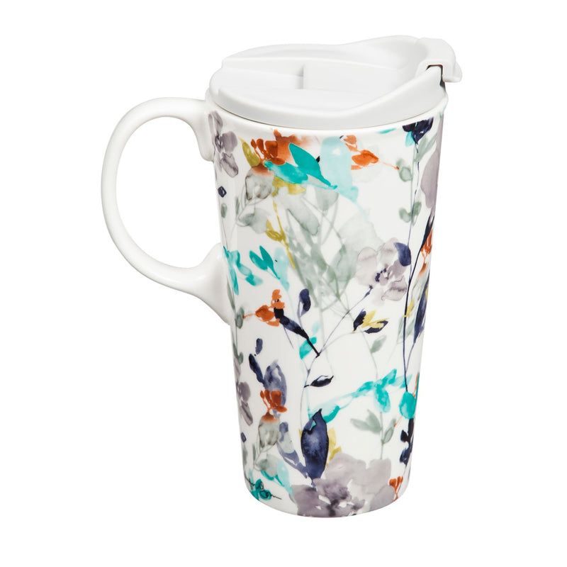 Ceramic Travel Cup, 17 OZ. ,w/box, Flowers in Fall,3ctc047826