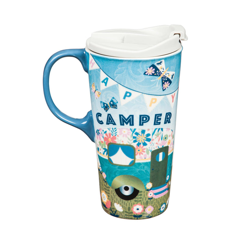 Ceramic Travel Cup, 17 OZ. ,w/box, Happy Camper, 5.24"x3.55"x7"inches