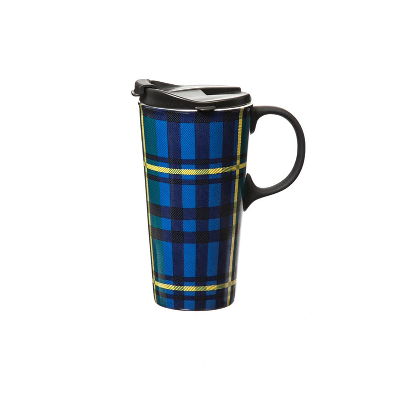 Ceramic Travel Cup w/ Silicone Paint Handle, 17 OZ. w/Box, Green and Blue Plaid,3ctc052