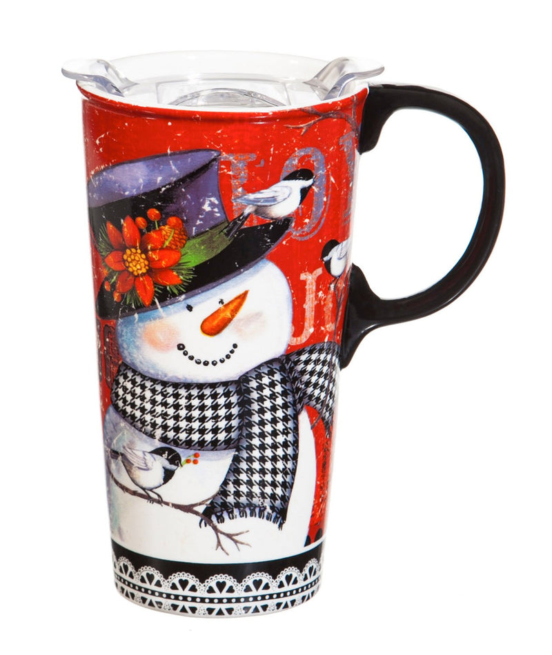 Cypress Home Beautiful Houndstooth Snowman Ceramic Travel Cup with Tritan Lid and Matching Box - 4 x 5 x 7 Inches Indoor/Outdoor home goods For Kitchens, Parties and Homes