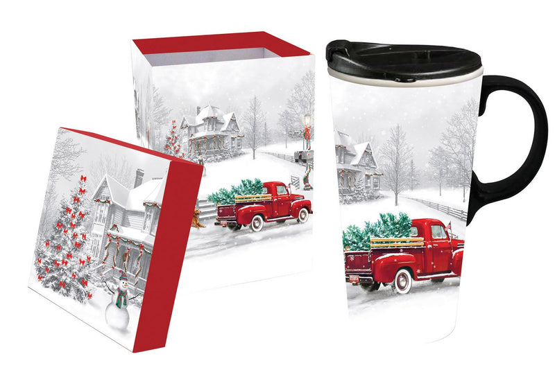 Cypress Home Beautiful Winter Truck Ceramic Travel Cup with Matching Box - 4 x 5 x 7 Inches Indoor/Outdoor home goods For Kitchens, Parties and Homes