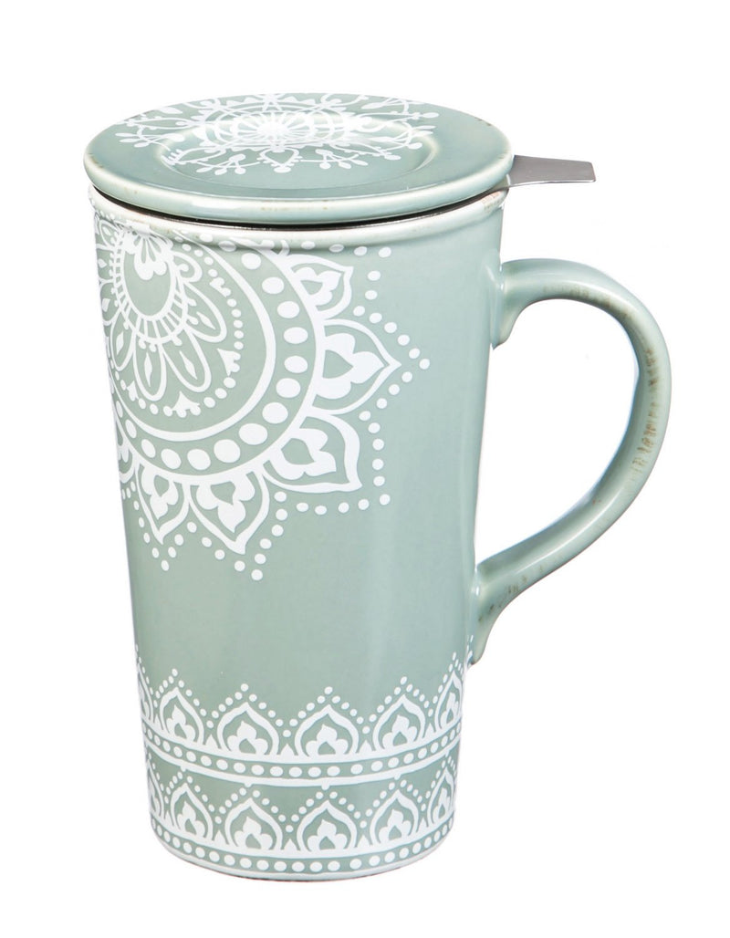 Double Wall Ceramic Cup w/ Infuser & Lid, 12 OZ., Tea Lace,3ctc6326