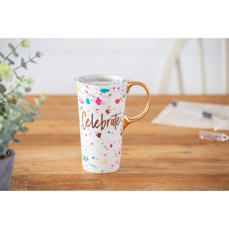 Cypress Home Beautiful Celebrate Ceramic Travel Cup with Lid - 5 x 4 x 7 Inches Homegoods and Accessories for Every Space