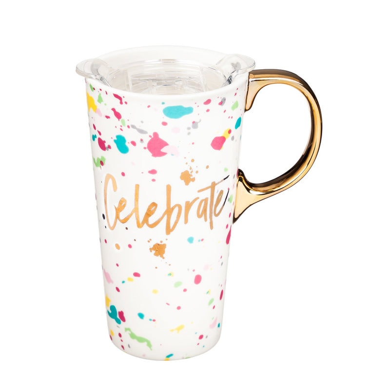 Cypress Home Beautiful Celebrate Ceramic Travel Cup with Lid - 5 x 4 x 7 Inches Homegoods and Accessories for Every Space