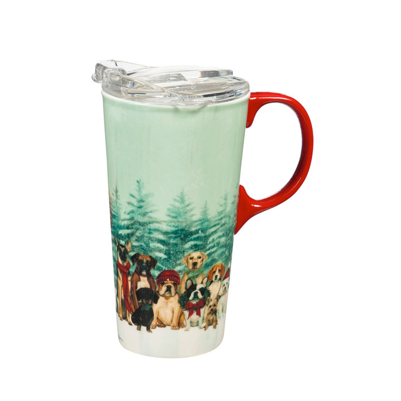 Ceramic Travel Cup, 17 OZ. ,w/box and Tritan Lid, Royal Pups Holiday,3ctc94t7737