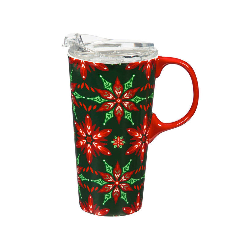 Ceramic Travel Cup, 17 OZ. ,w/box and Tritan Lid, Poinsettia Pattern,3ctc94t7740b