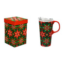 Ceramic Travel Cup, 17 OZ. ,w/box and Tritan Lid, Poinsettia Pattern,3ctc94t7740b