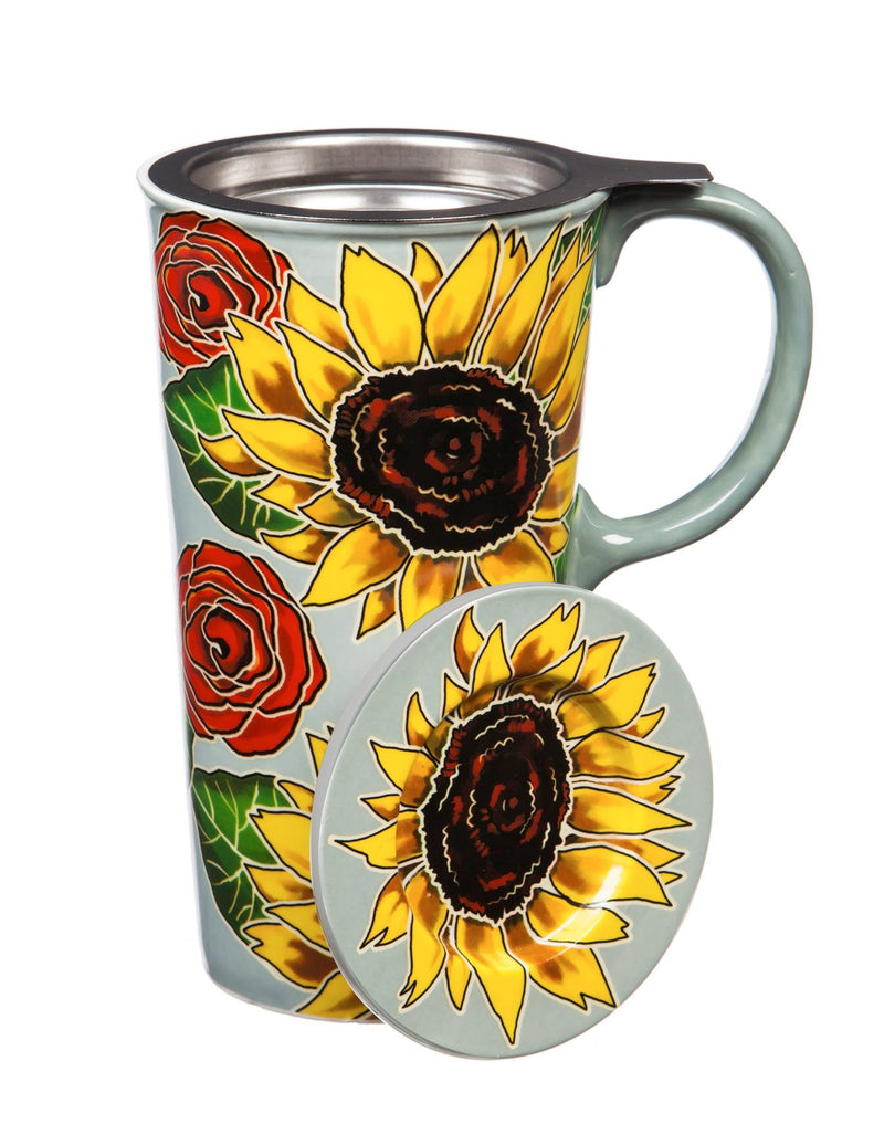 Ceramic Travel Cup w/ Infuser & Lid, 17 OZ., w/box, Sunflowers,3cti6674f