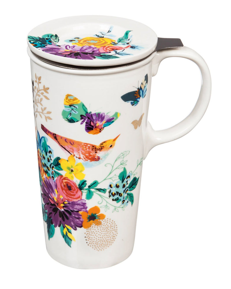 Double Wall Ceramic Cup w/ Infuser & Lid, 12 OZ., Brilliant Bouquet,3cti6836