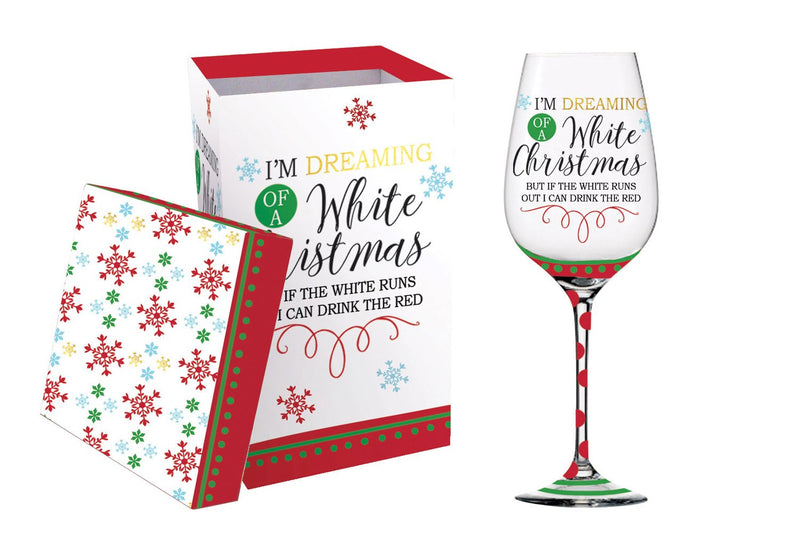 Wine Glass w/metallic accents and box, 17 OZ., White Christmas,3cwg626