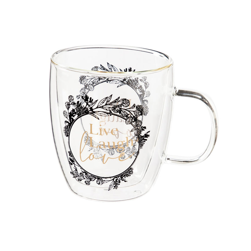 Double Wall Glass Café Cup w/ Box,  12 OZ., Live Laugh Love,3gcc259