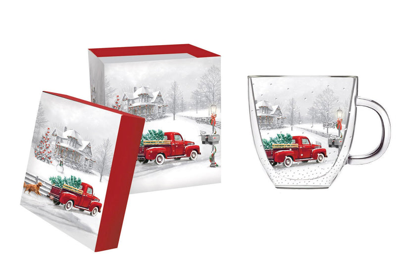 Cypress Home Beautiful Christmas Winter Truck Double Wall Glass Café Cup - 5 x 4 x 5 Inches Indoor/Outdoor home goods For Kitchens, Parties and Homes