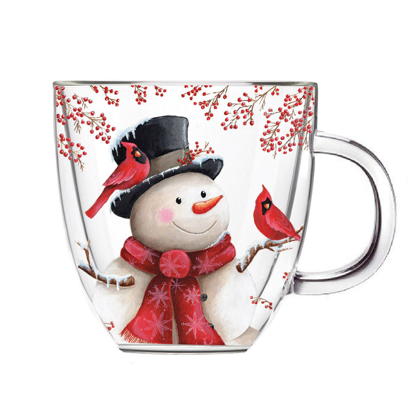 Double Wall Glass Café Cup w/ Box, 12 OZ., Snowman and Cardinal,3gcc6605