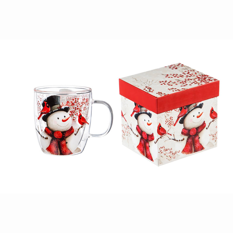 Double Wall Glass Café Cup w/ Box, 12 OZ., Snowman and Cardinal,3gcc6605