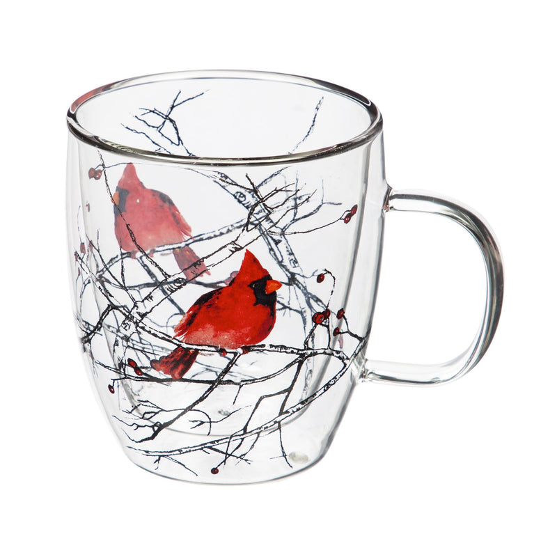 Double Wall Glass Café Cup w/ Box, 12 OZ., Cardinal on Branch,3gcc7309