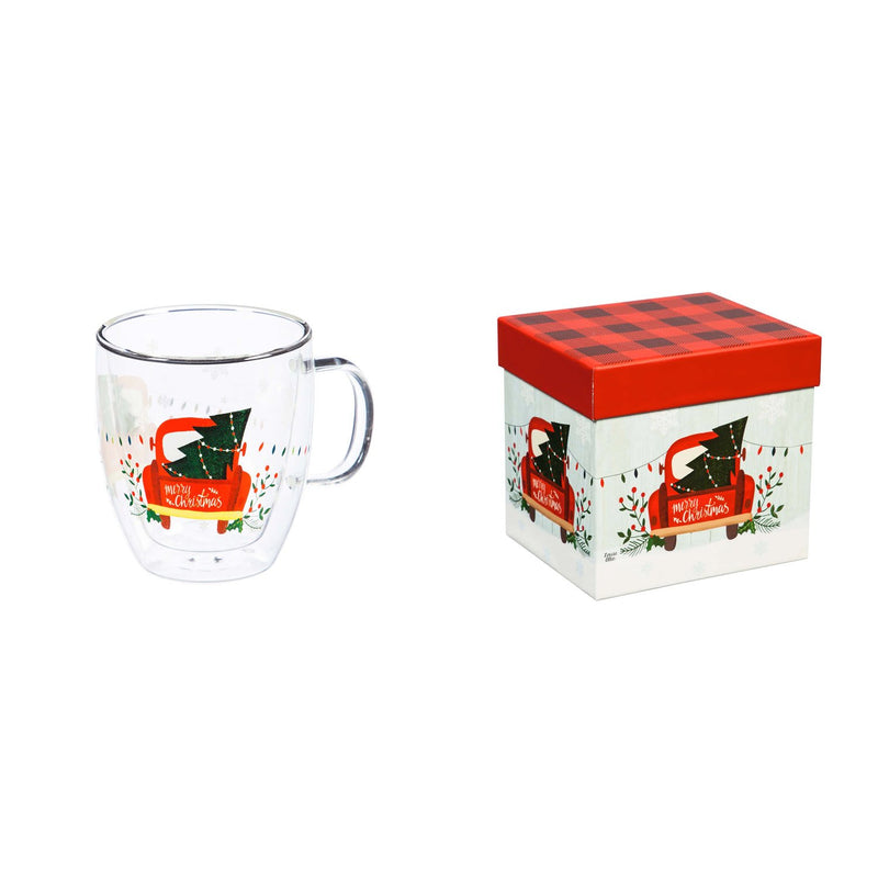 Double Wall Glass Café Cup w/ Box, 12 OZ., Cozy Christmas Trip,3gcc7740c