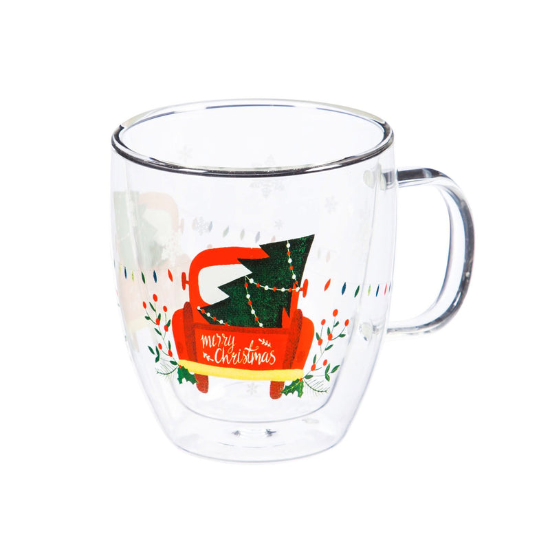 Double Wall Glass Café Cup w/ Box, 12 OZ., Cozy Christmas Trip,3gcc7740c