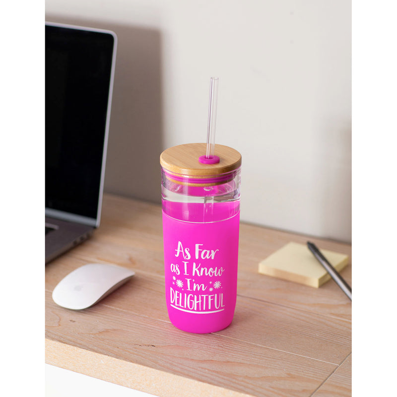16 oz. Glass Water Bottle with Silicone Sleeve, Bamboo Lid, and Tritan Straw, I'm Delightful, 3.25"x3.25"x7.25"inches