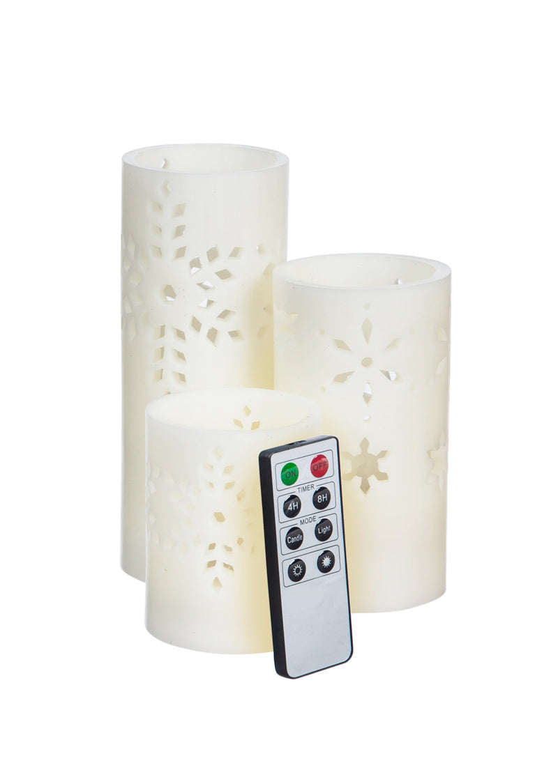 Evergreen Snowflake Pierced Battery Operated Flameless LED Wax Pillar Candle with Remote, Set of 3, 3'' x 3'' x 8'' inches