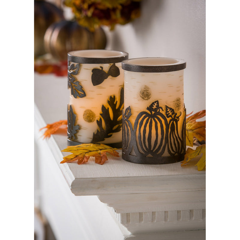 Pumpkin and Leaves Embossed Battery Operated Flameless LED Wax & Metal Candle, 2 ASST,3led163a