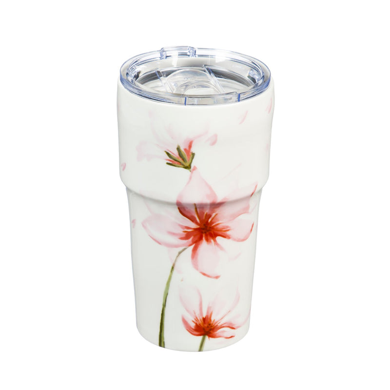 Double Wall Ceramic Companion Cup with Tritan Lid, 13 OZ, Drifting Pink Bloosom,3ltc99009