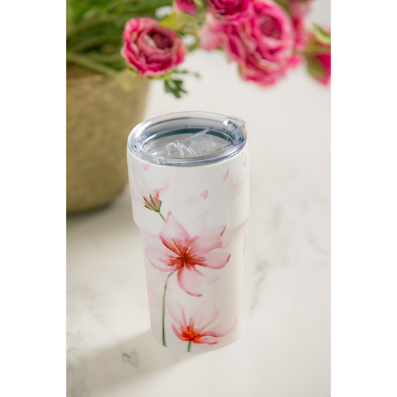 Double Wall Ceramic Companion Cup with Tritan Lid, 13 OZ, Drifting Pink Bloosom,3ltc99009