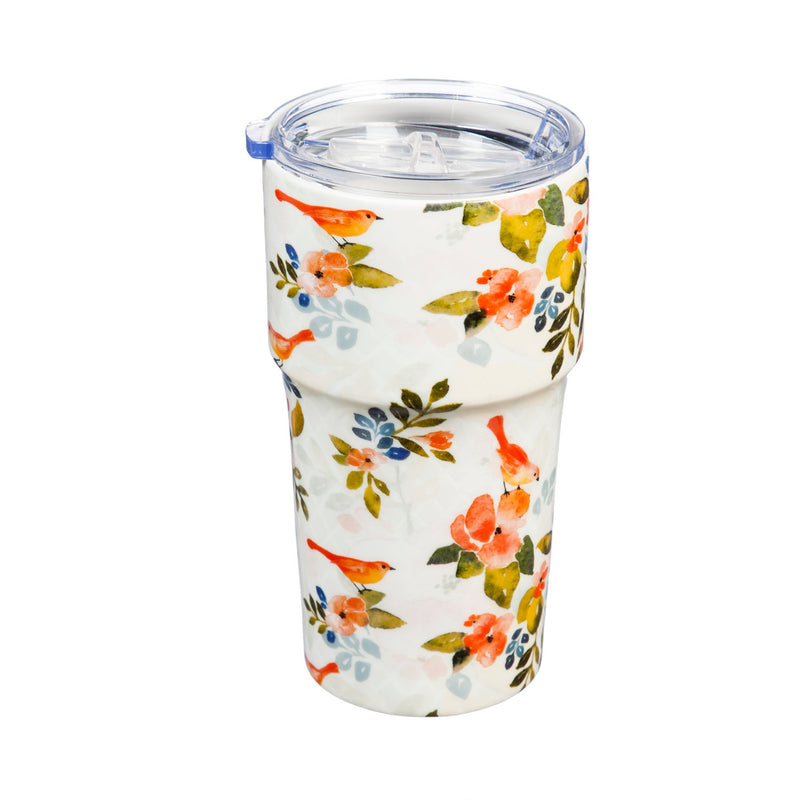 Double Wall Ceramic Companion Cup with Tritan Lid, 13 OZ, Mighty Floral Pattern,3ltc997150