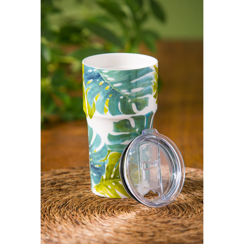 Double Wall Ceramic Companion Cup with Tritan Lid, 13 OZ, Wild Jungle Pattern,3ltc997162a