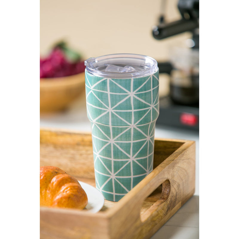 Double Wall Ceramic Companion Cup with Tritan Lid, 13 OZ, Geometric Teal Pattern,3ltc997162b