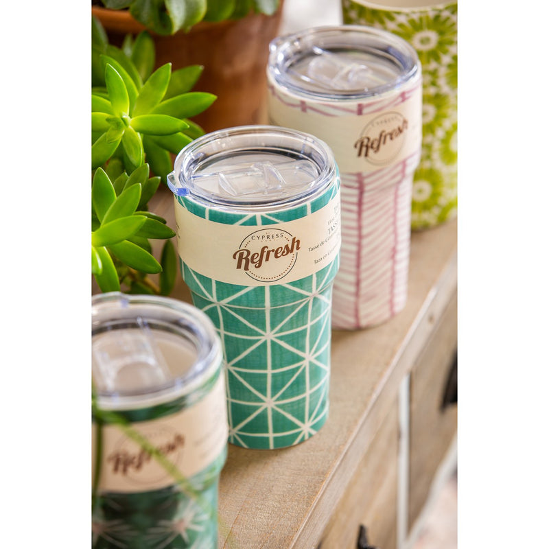 Double Wall Ceramic Companion Cup with Tritan Lid, 13 OZ, Geometric Teal Pattern,3ltc997162b