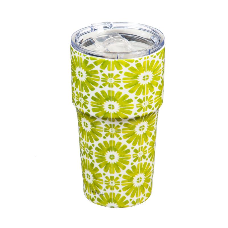 Double Wall Ceramic Companion cup with Tritan Lid, 13 OZ, Green Gear Pattern,3ltc997162d