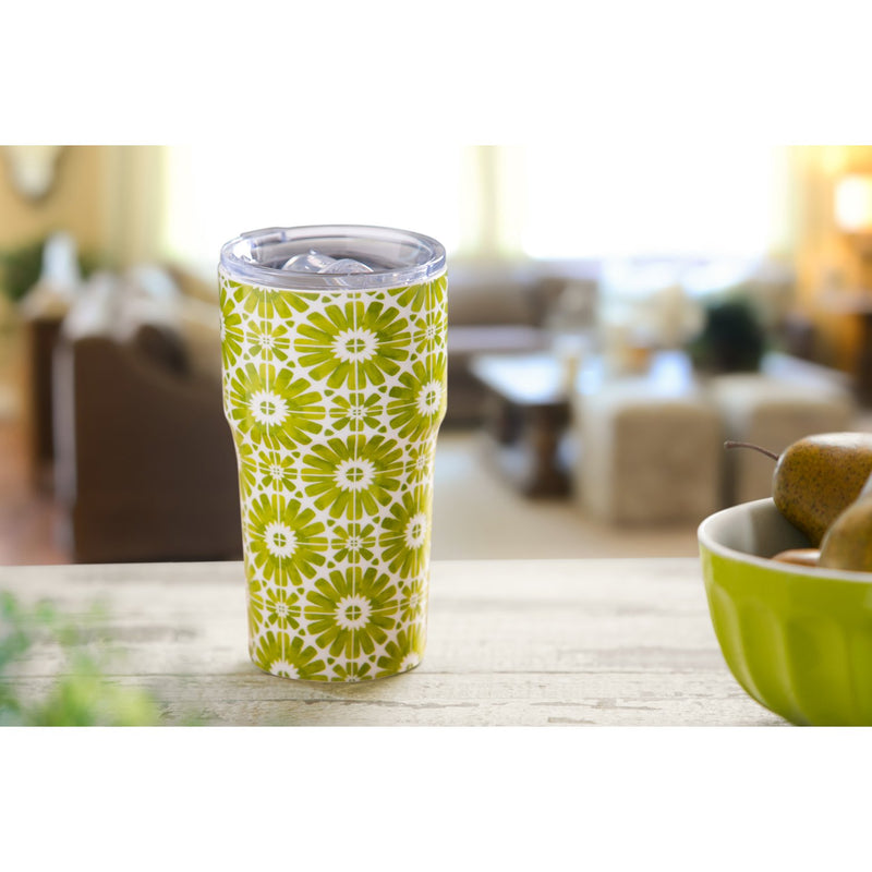 Double Wall Ceramic Companion cup with Tritan Lid, 13 OZ, Green Gear Pattern,3ltc997162d