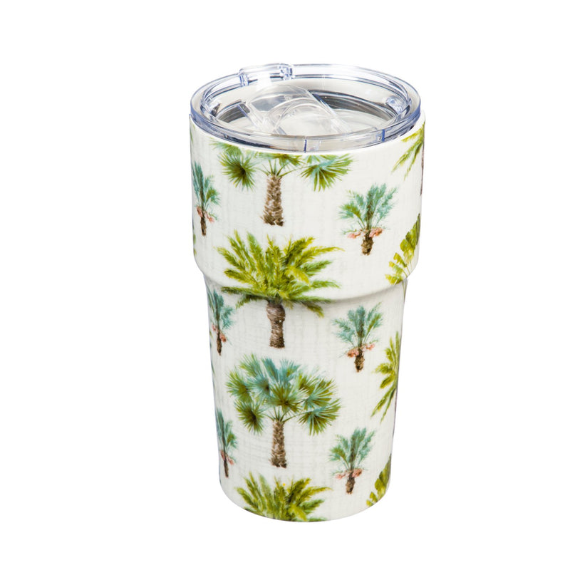 Double Wall Ceramic Companion Cup with Tritan Lid, 13 OZ, Palm Tree Pattern,3ltc997162g