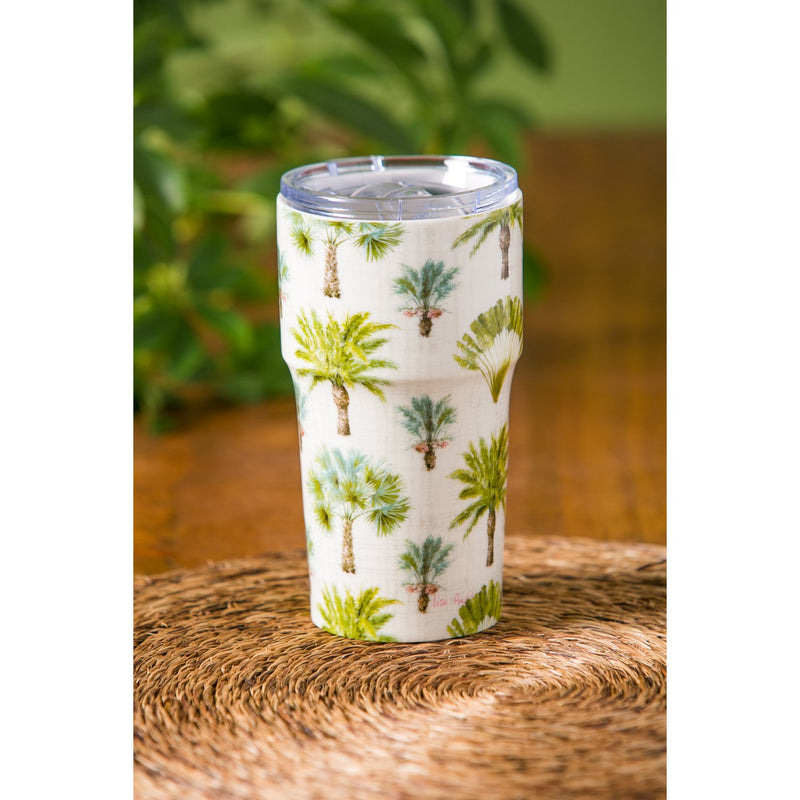 Double Wall Ceramic Companion Cup with Tritan Lid, 13 OZ, Palm Tree Pattern,3ltc997162g