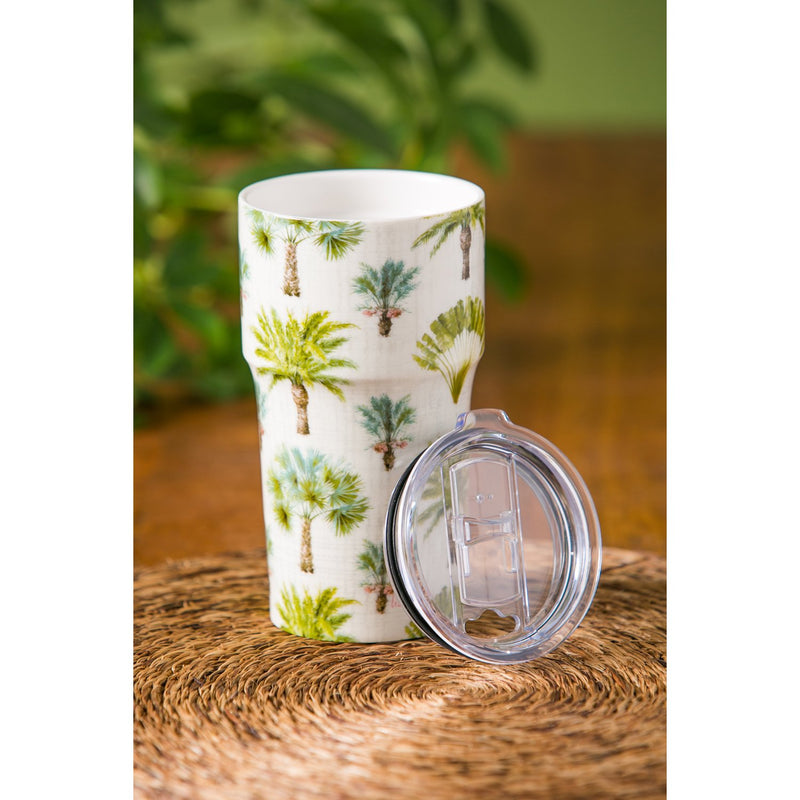 Double Wall Ceramic Companion Cup with Tritan Lid, 13 OZ, Palm Tree Pattern,3ltc997162g