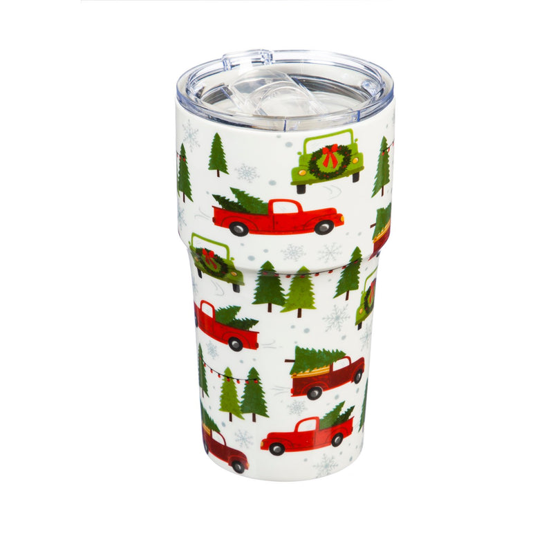 Double Wall Ceramic Companion Cup with Tritan Lid, 13 OZ, Farmhouse Christmas,3ltc997201