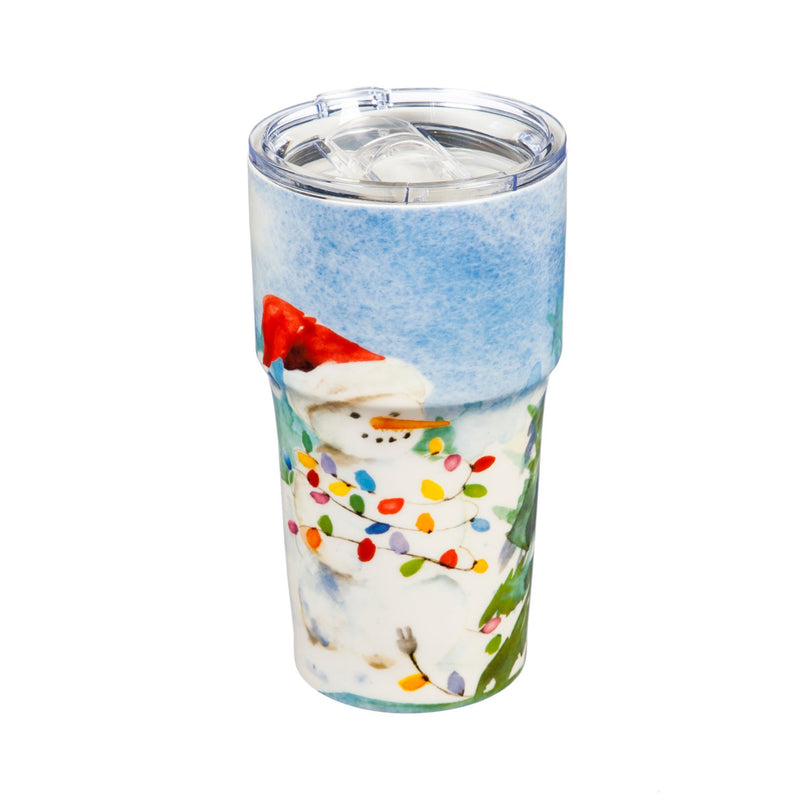 Double Wall Ceramic Companion Cup with Tritan Lid, 13 OZ, Happy Snowman,3ltc997203