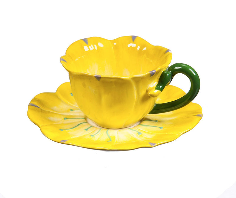Refresh by Evergreen Ceramic Flower Cup and Saucer, 4 OZ., Set of 2, 6.1'' x 5.39'' x 5.43'' inches