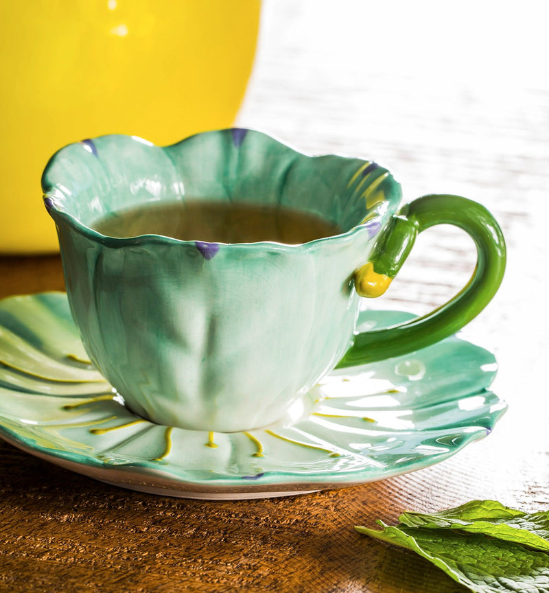 Refresh by Evergreen Ceramic Flower Cup and Saucer, 4 OZ., Set of 2, 6.1'' x 5.39'' x 5.43'' inches