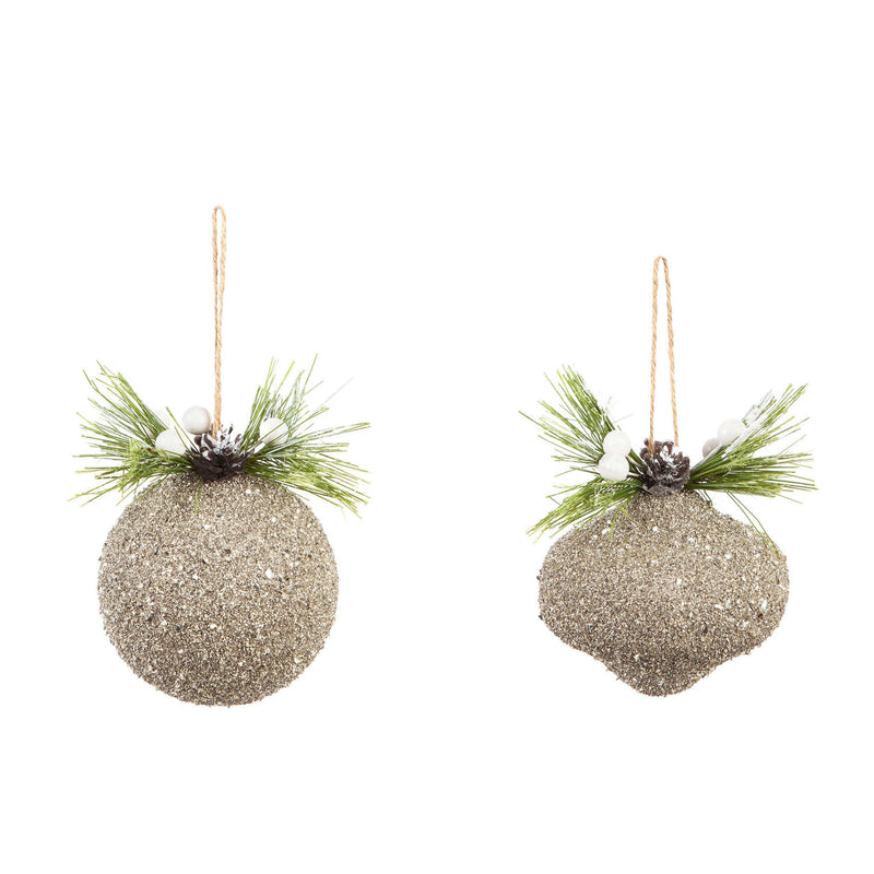 Glitter Ornament with Artifical and Pinecone, 2 Asst,3orn011