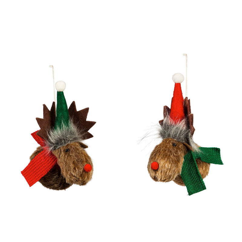 Fabric Moose Ornament, Red Hat /Green Hat, 2 Assorted, 3.9'' x 2.8'' x 5.9'' inches