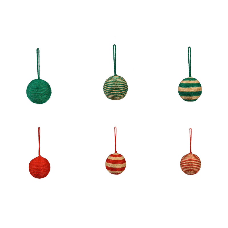 2.5" Natural Fiber Ornament, Green/Red, Set of 6,3otf160