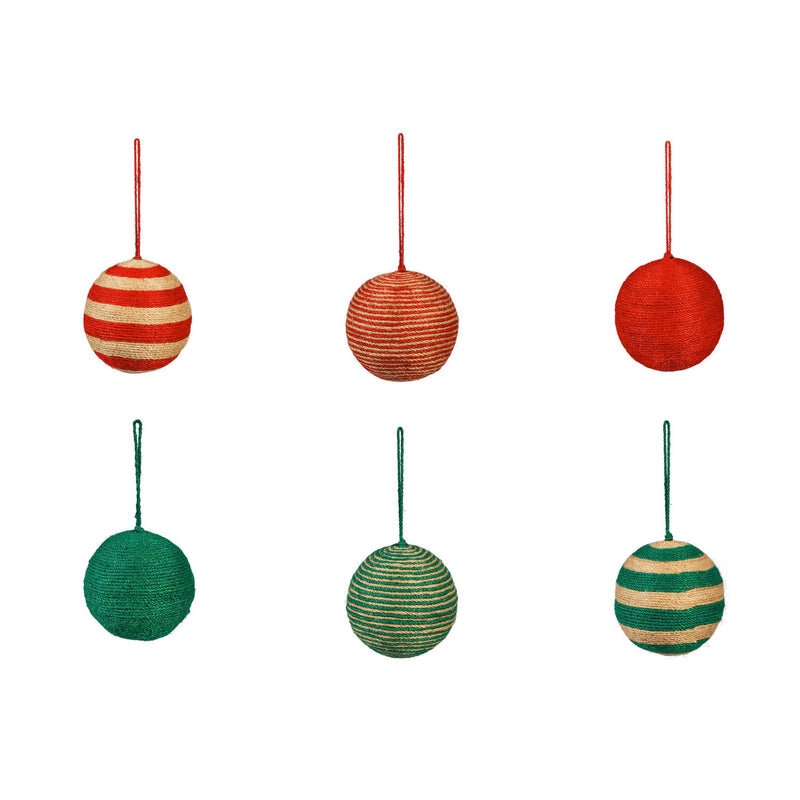 4" Natural Fiber Ornament, Green/Red, Set of 6, 4'' x 4'' x 4'' inches