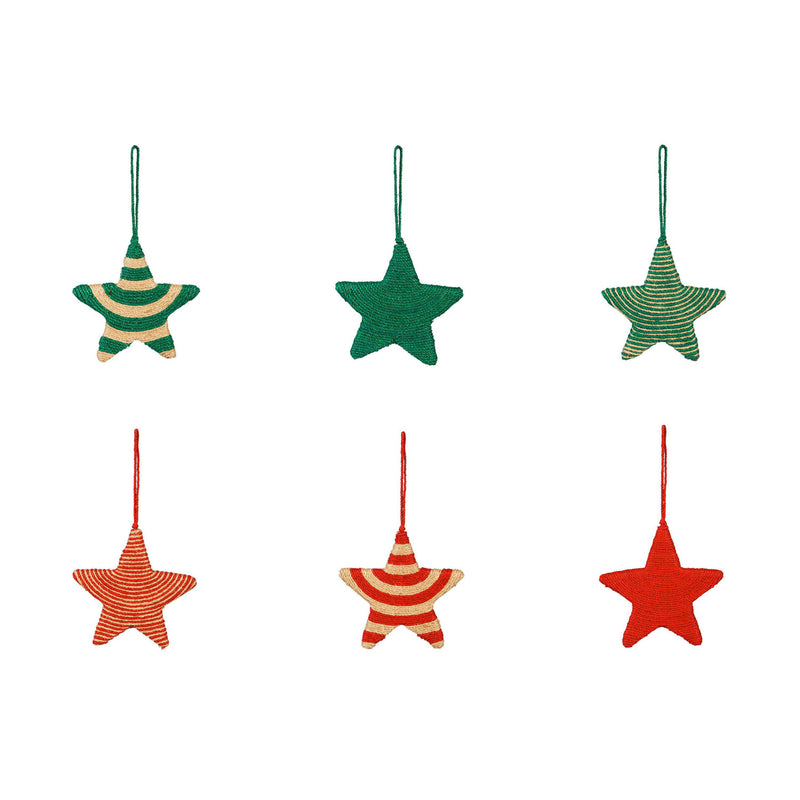 5.5" Natural Fiber Striped Star Ornament, Green/Red, Set of 6,3otf162