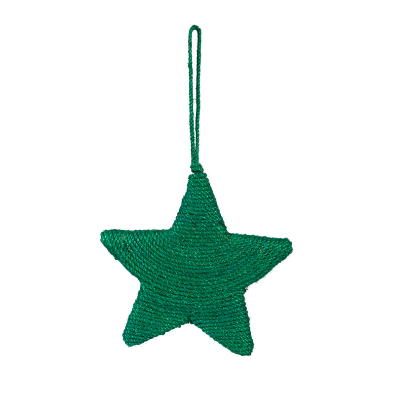 5.5" Natural Fiber Striped Star Ornament, Green/Red, Set of 6,3otf162