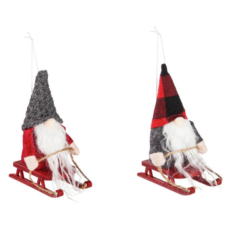 Plush Winter Gnome on Sled Ornament, 2 Asst, 3"x3.75"x6"inches