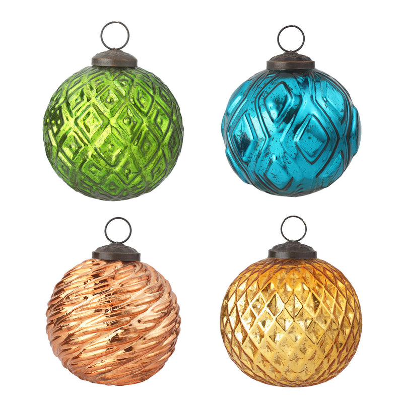 4'' Holiday Rustic Round Ornaments, Set of 4